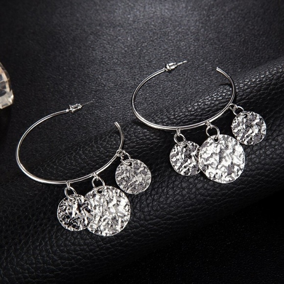 Any 3/$25!  Silver Hoops w/Dangling Discs Stud Earrings - Picture 5 of 9